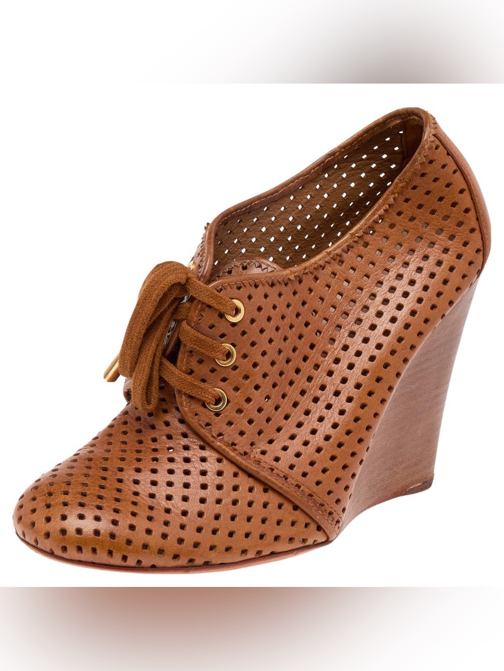 TORY BURCH Royal Tan VICTOR Perforated Wedge LaceUp Leather Bootie Shoe 9M